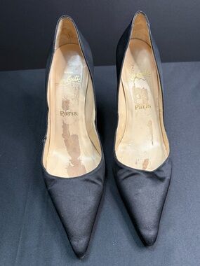 Christian Louboutin Black Satin Pointy Toe Pump Red Bottom 40